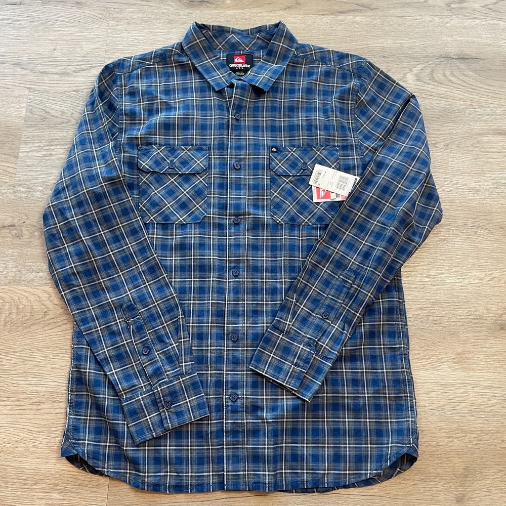 Quiksilver Mens Large Blue Plaid Face Down LS Flannel Shirt NWT
